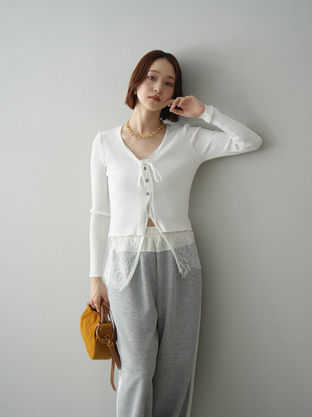 [SET]フロントリボン裾レースリブニットトップス+バイカラー異素材サイドラインライトポンチパンツ(2set)