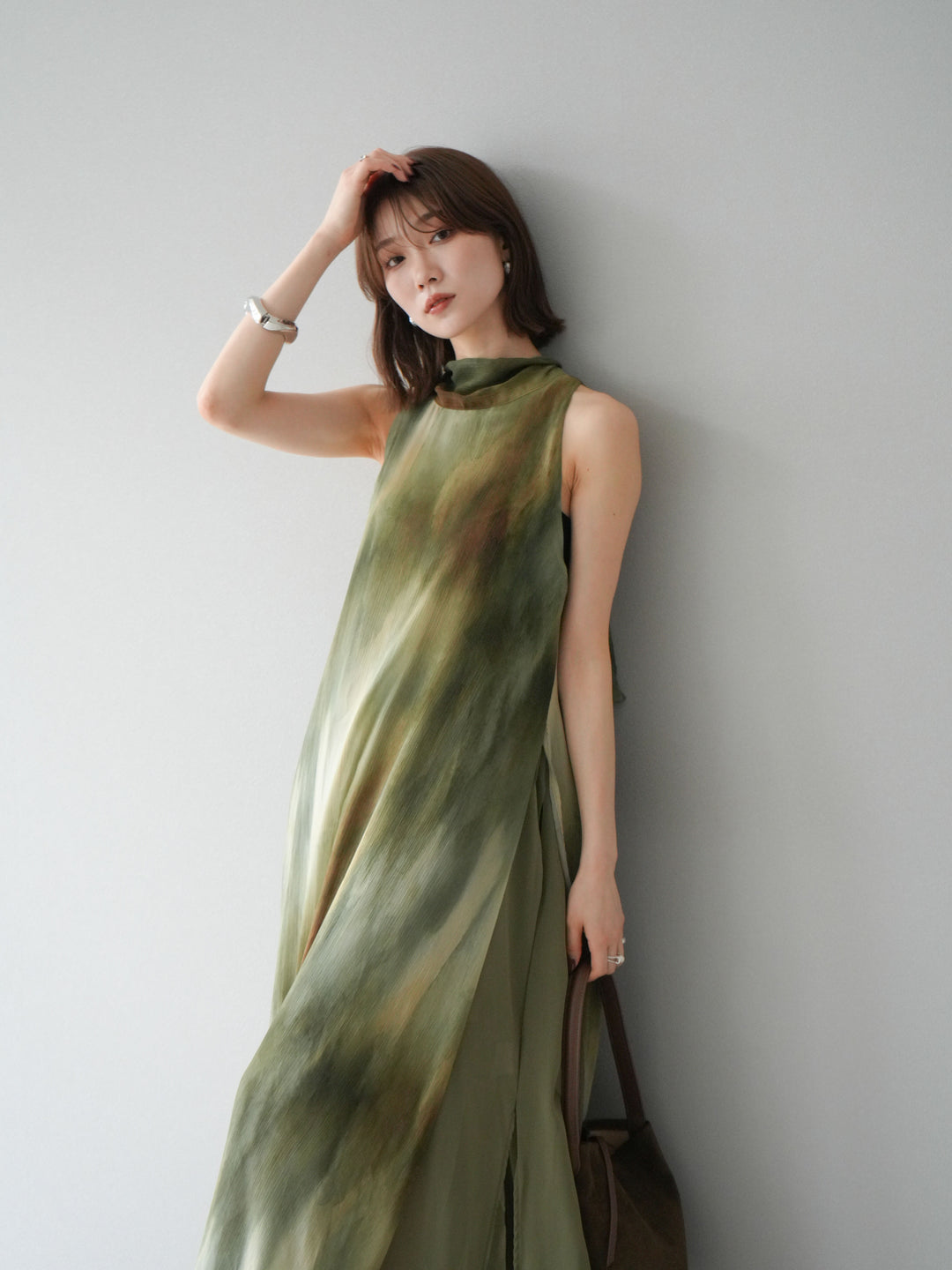 [予約]ニュアンスシアーレイヤードスリットワンピース/グリーン