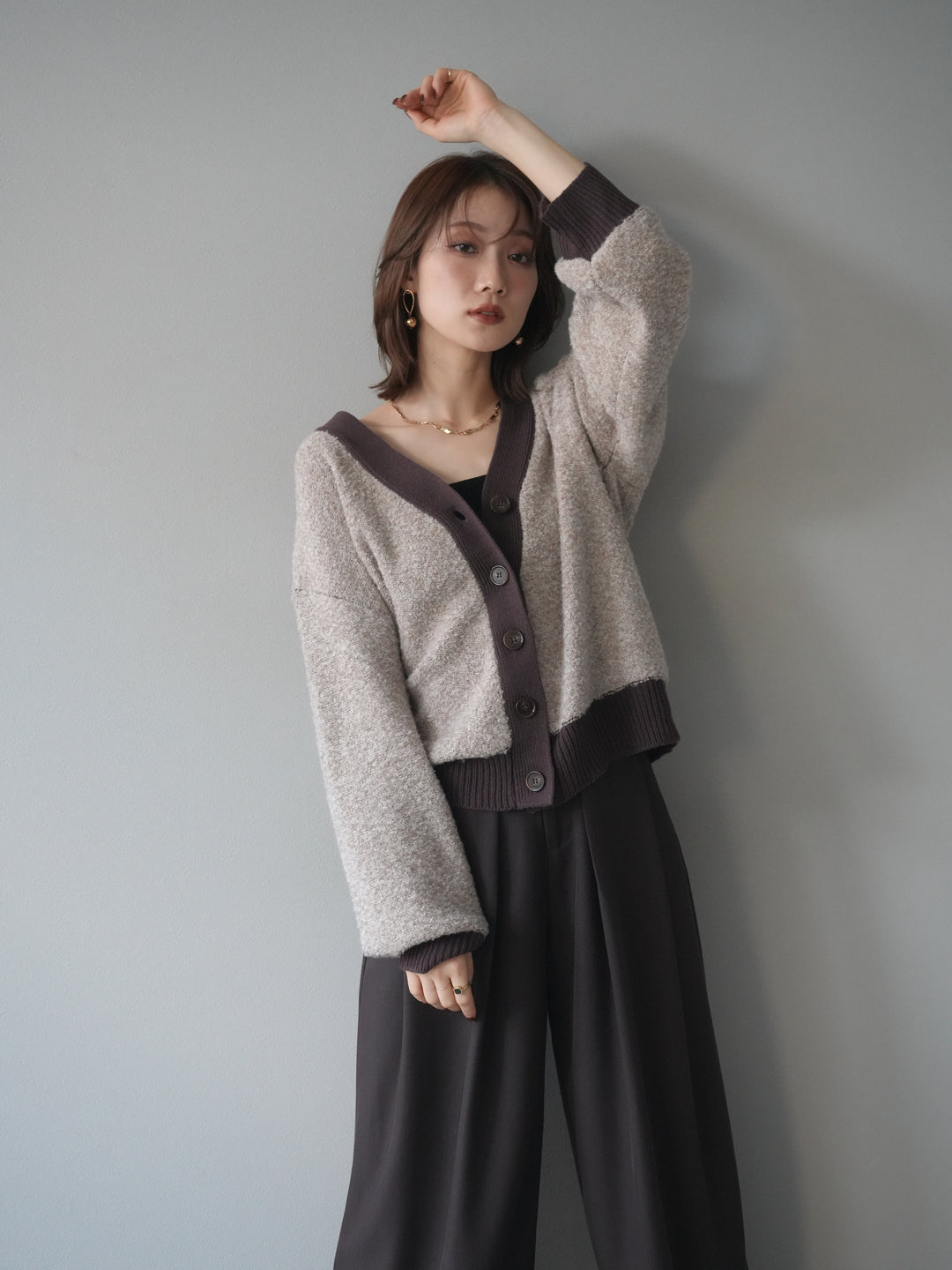 [予約]ブークレバイカラーニットカーディガン/beige