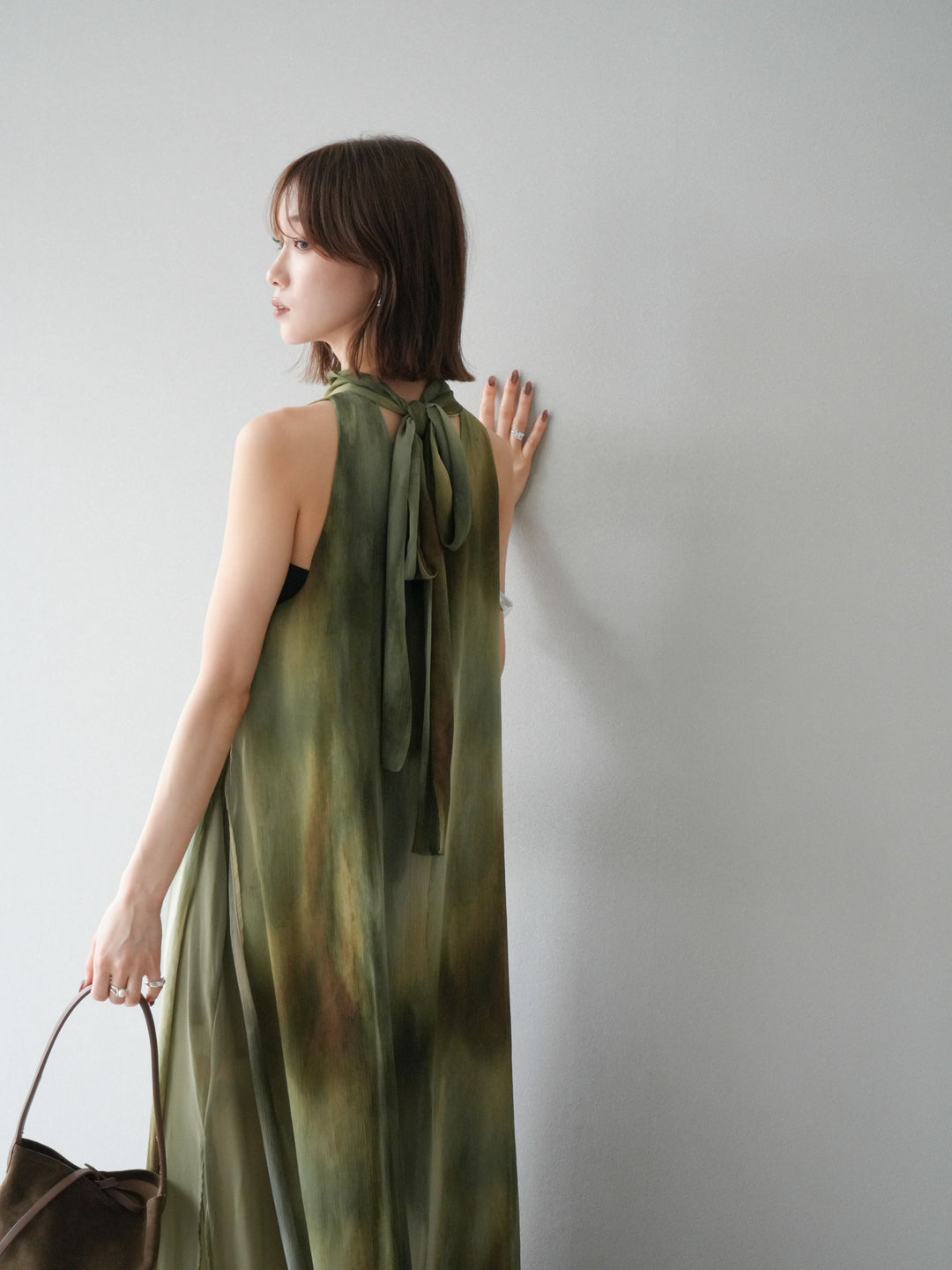 [予約]ニュアンスシアーレイヤードスリットワンピース/グリーン