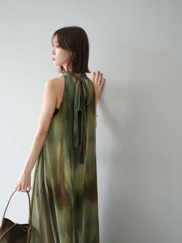 [予約]ニュアンスシアーレイヤードスリットワンピース/グリーン