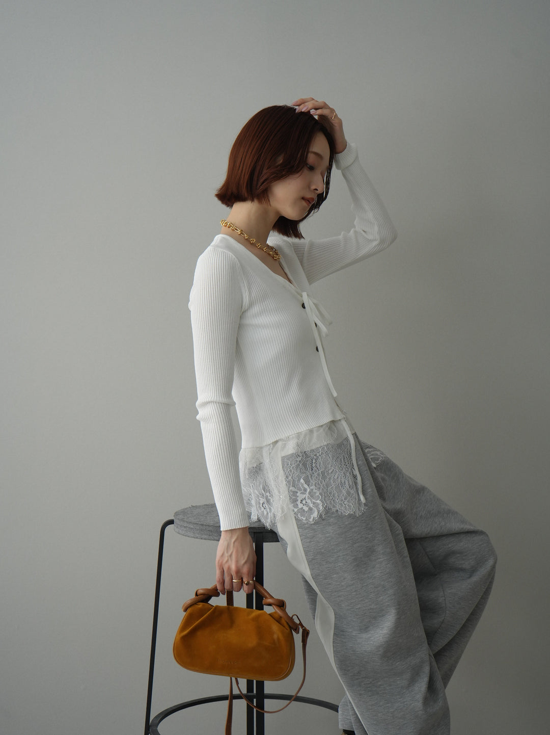 [SET]フロントリボン裾レースリブニットトップス+バイカラー異素材サイドラインライトポンチパンツ(2set)