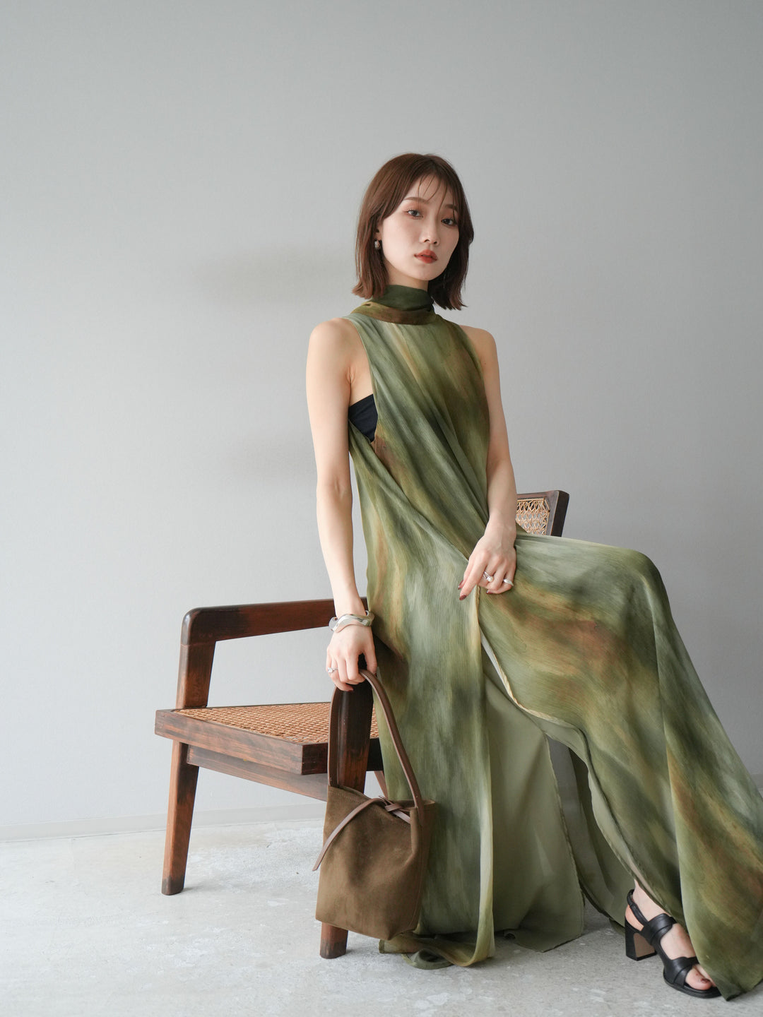 [予約]ニュアンスシアーレイヤードスリットワンピース/グリーン