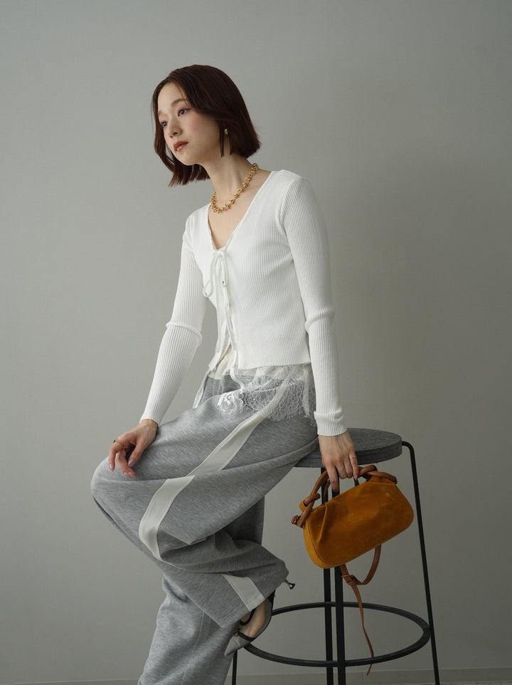 [SET]フロントリボン裾レースリブニットトップス+バイカラー異素材サイドラインライトポンチパンツ(2set)