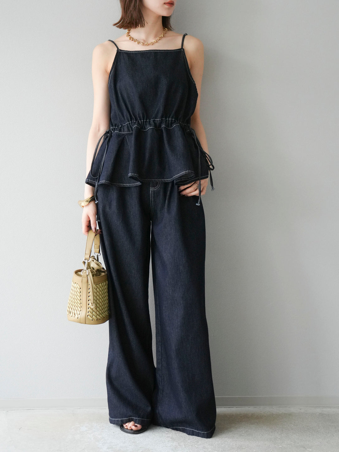 [SET]デニムタックフレアキャミソール＆イージーワイドパンツSET UP +選べるアクセセット(2set)