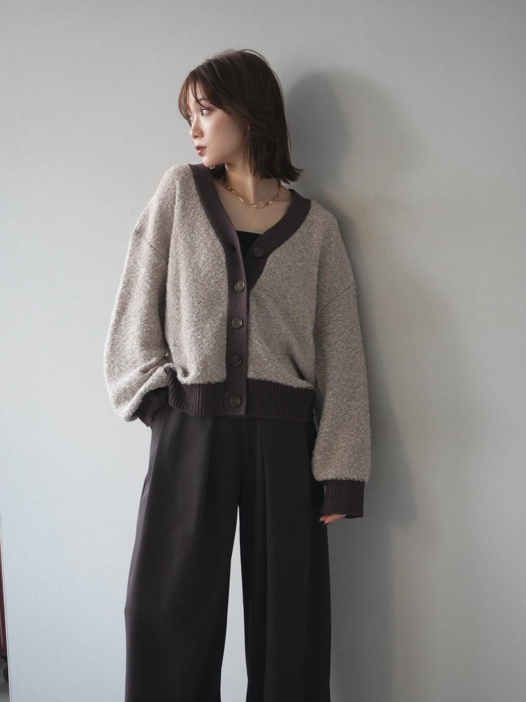 [予約]ブークレバイカラーニットカーディガン/beige