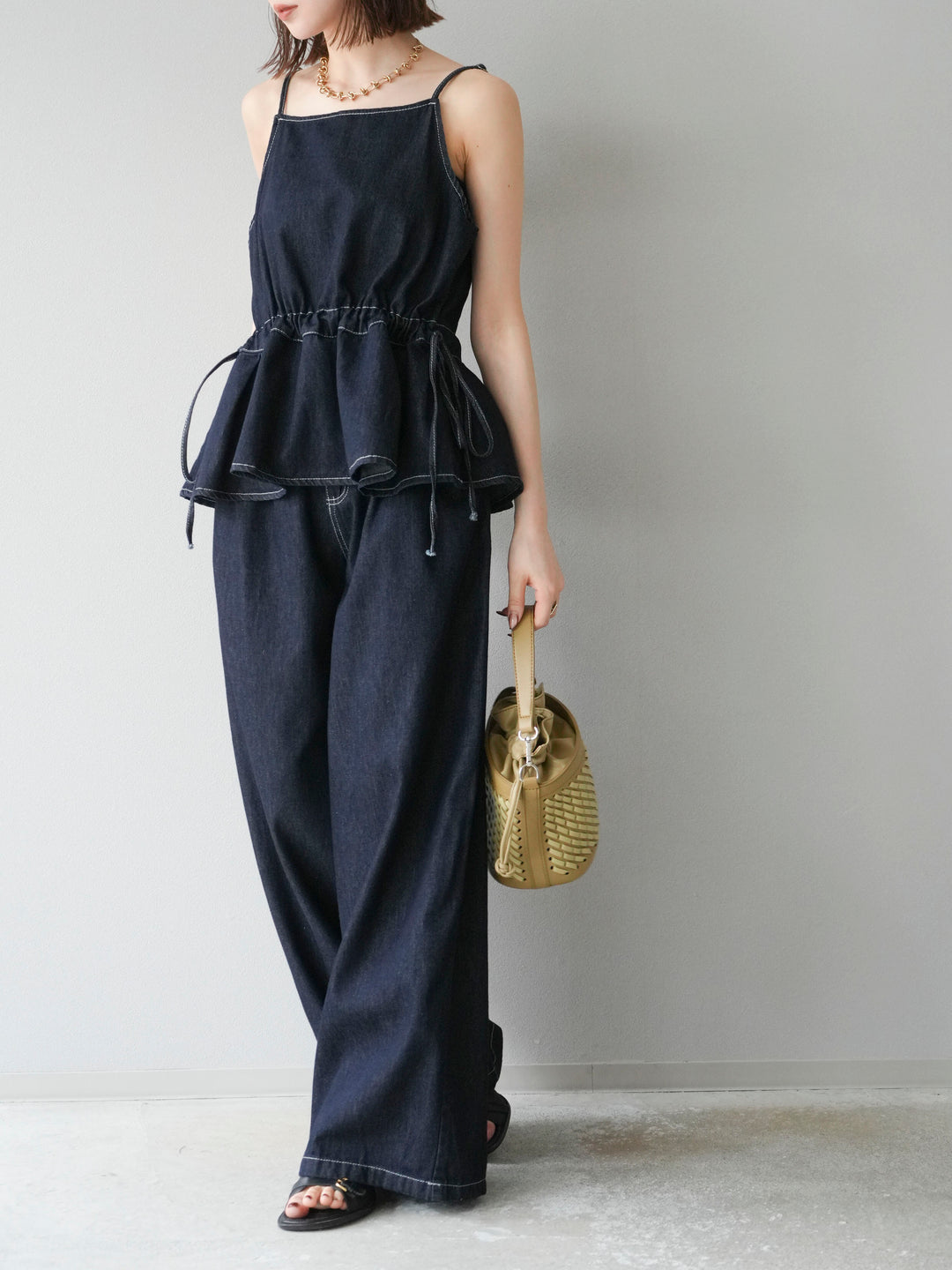[SET]デニムタックフレアキャミソール＆イージーワイドパンツSET UP +選べるアクセセット(2set)
