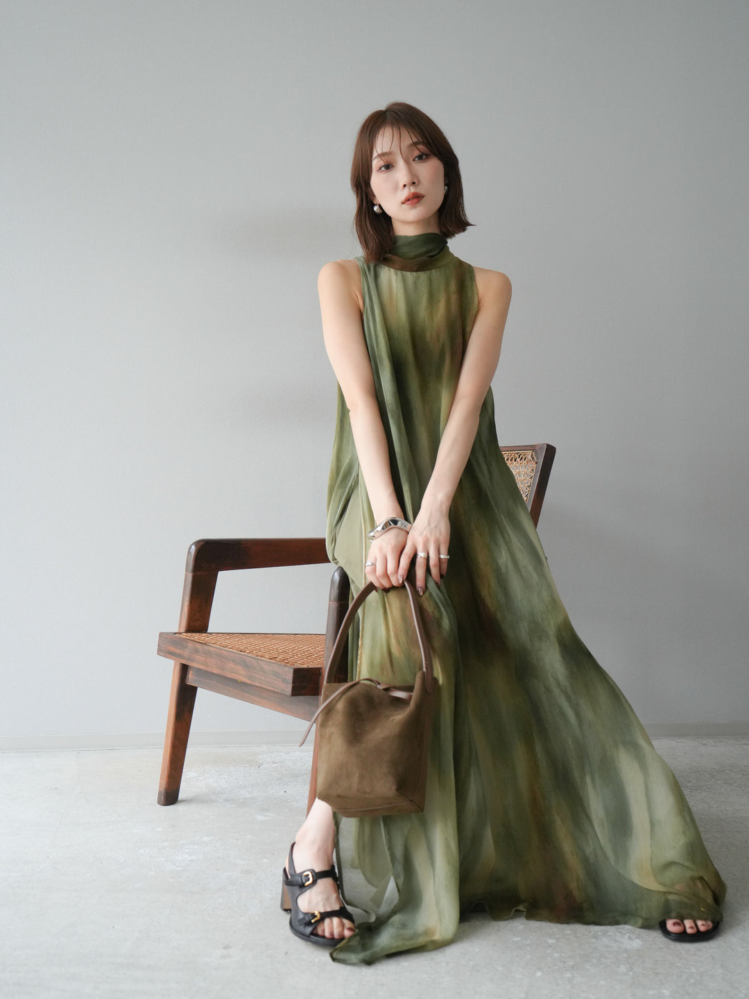 [予約]ニュアンスシアーレイヤードスリットワンピース/グリーン