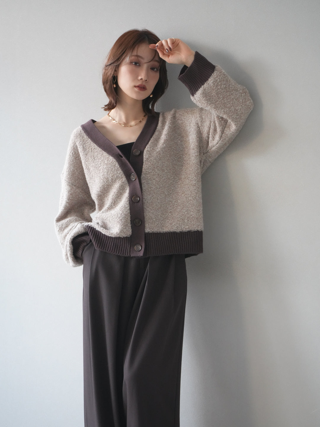 [予約]ブークレバイカラーニットカーディガン/beige