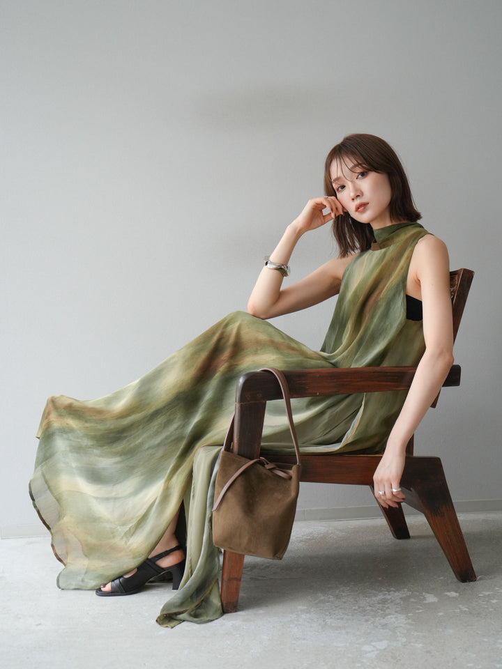 [予約]ニュアンスシアーレイヤードスリットワンピース/グリーン