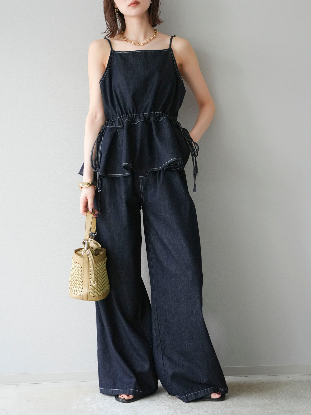 [SET]デニムタックフレアキャミソール＆イージーワイドパンツSET UP +選べるアクセセット(2set)