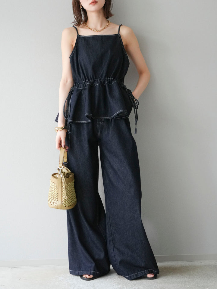 [SET]デニムタックフレアキャミソール＆イージーワイドパンツSET UP +選べるアクセセット(2set)