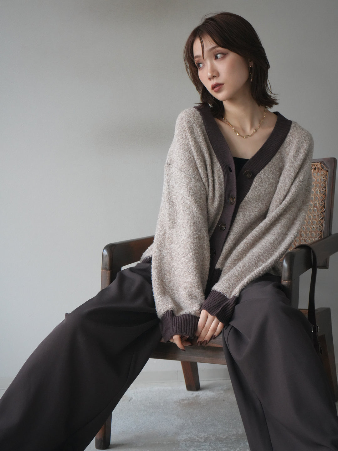 [予約]ブークレバイカラーニットカーディガン/beige