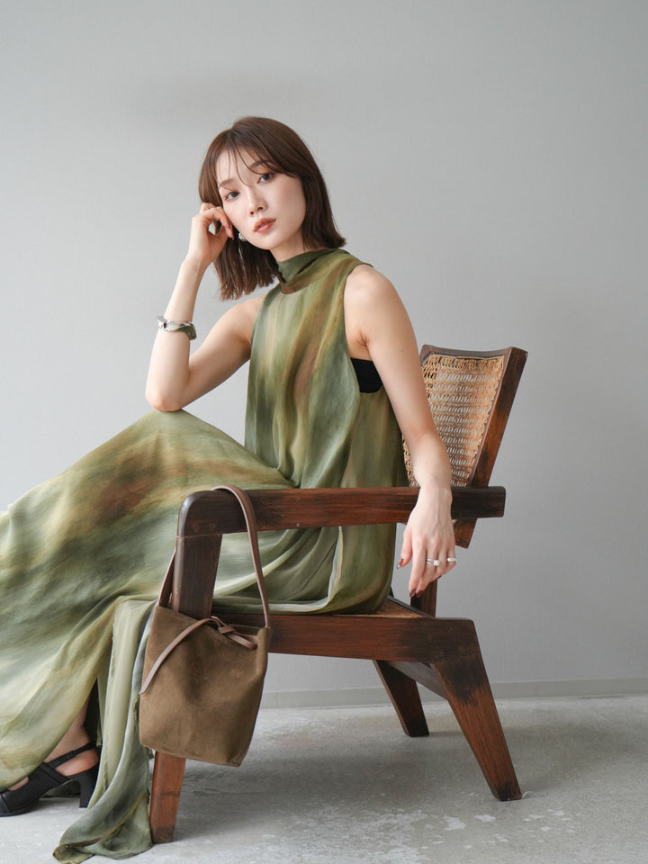 [予約]ニュアンスシアーレイヤードスリットワンピース/グリーン