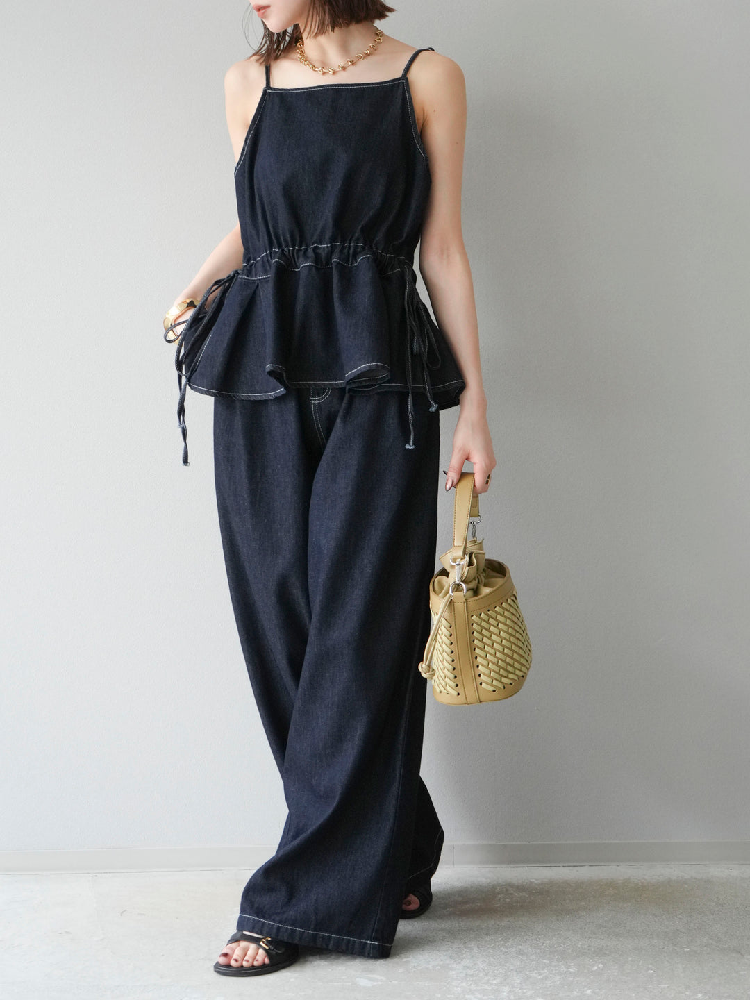 [SET]デニムタックフレアキャミソール＆イージーワイドパンツSET UP +選べるアクセセット(2set)