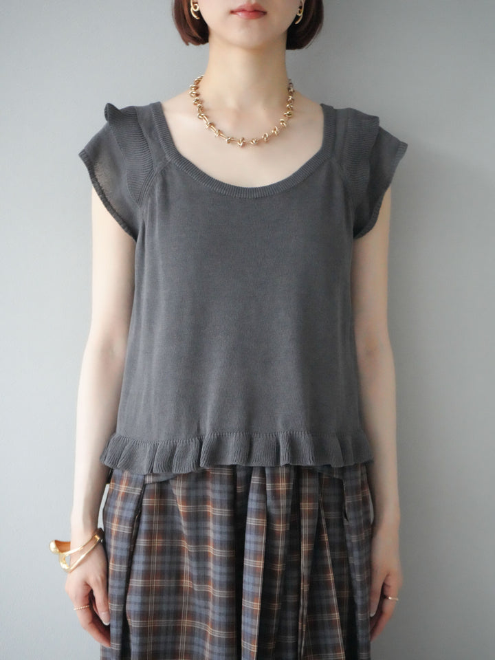 [予約]リネンタッチフリルニットタンクトップ/チャコール