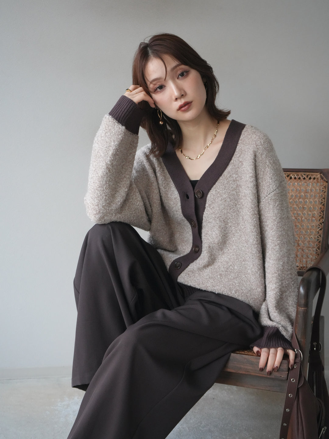 [予約]ブークレバイカラーニットカーディガン/beige