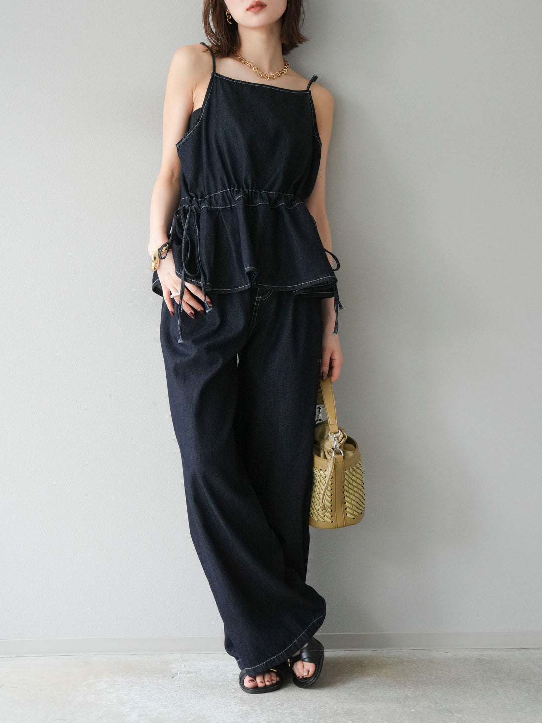 [SET]デニムタックフレアキャミソール＆イージーワイドパンツSET UP +選べるアクセセット(2set)