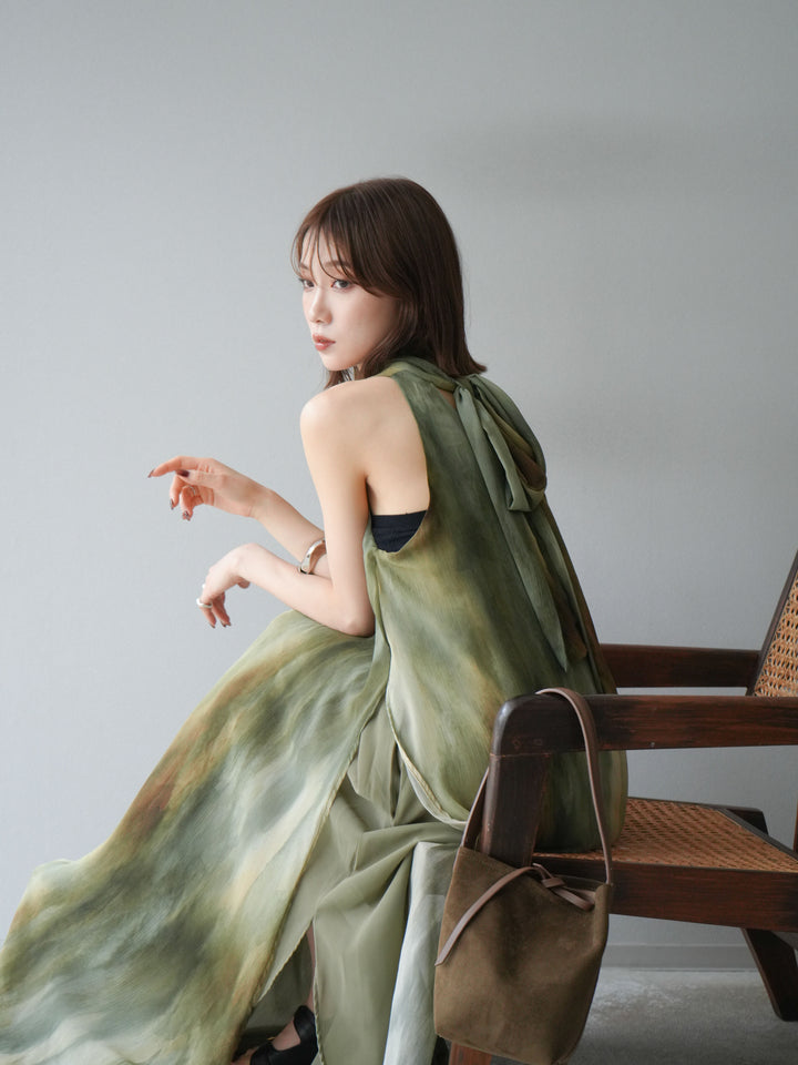 [予約]ニュアンスシアーレイヤードスリットワンピース/グリーン