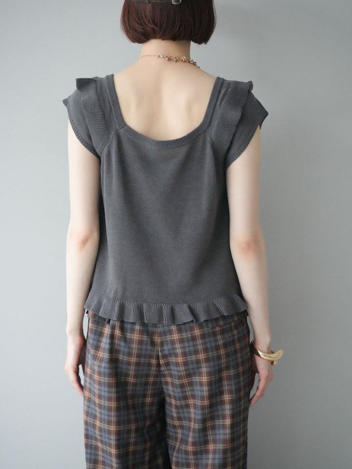 [予約]リネンタッチフリルニットタンクトップ/チャコール