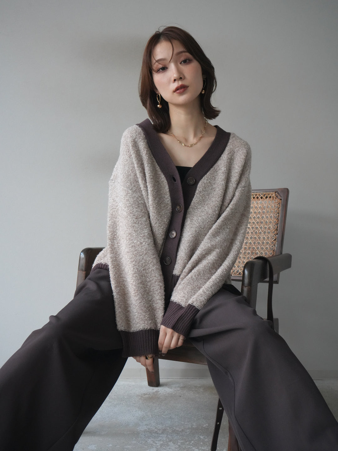 [予約]ブークレバイカラーニットカーディガン/beige