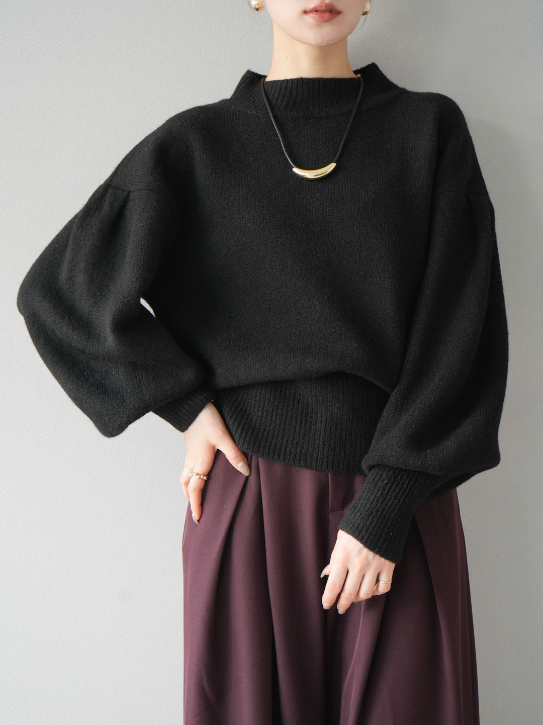 [預訂] 寬袖小領針織套頭衫/黑色