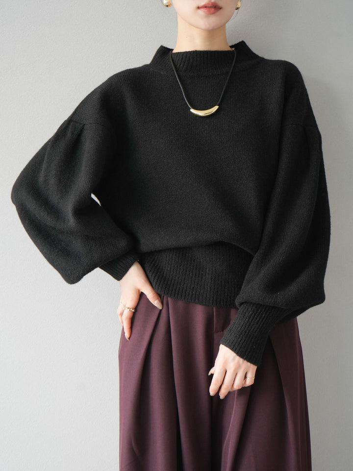 [預訂] 寬袖小領針織套頭衫/黑色