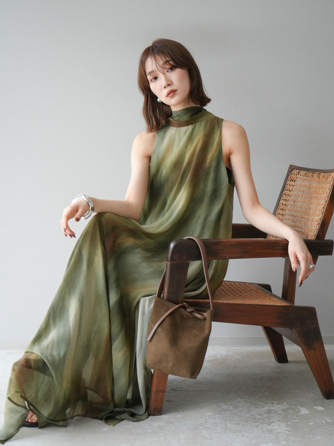 [予約]ニュアンスシアーレイヤードスリットワンピース/グリーン