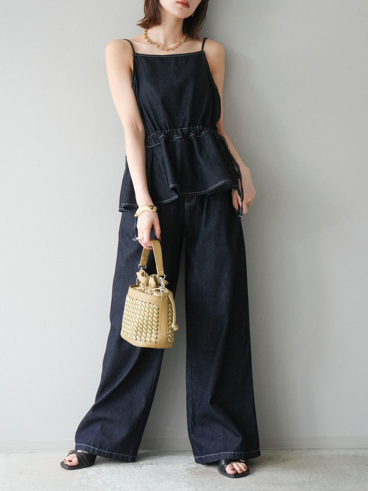 [SET]デニムタックフレアキャミソール＆イージーワイドパンツSET UP +選べるアクセセット(2set)