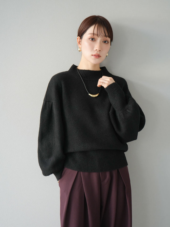 [預訂] 寬袖小領針織套頭衫/黑色