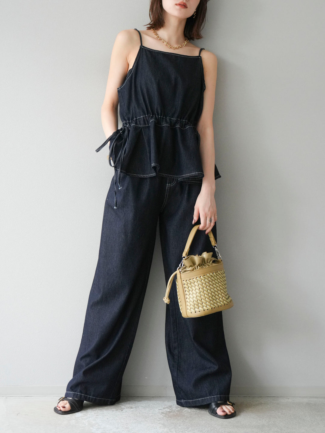 [SET]デニムタックフレアキャミソール＆イージーワイドパンツSET UP +選べるアクセセット(2set)
