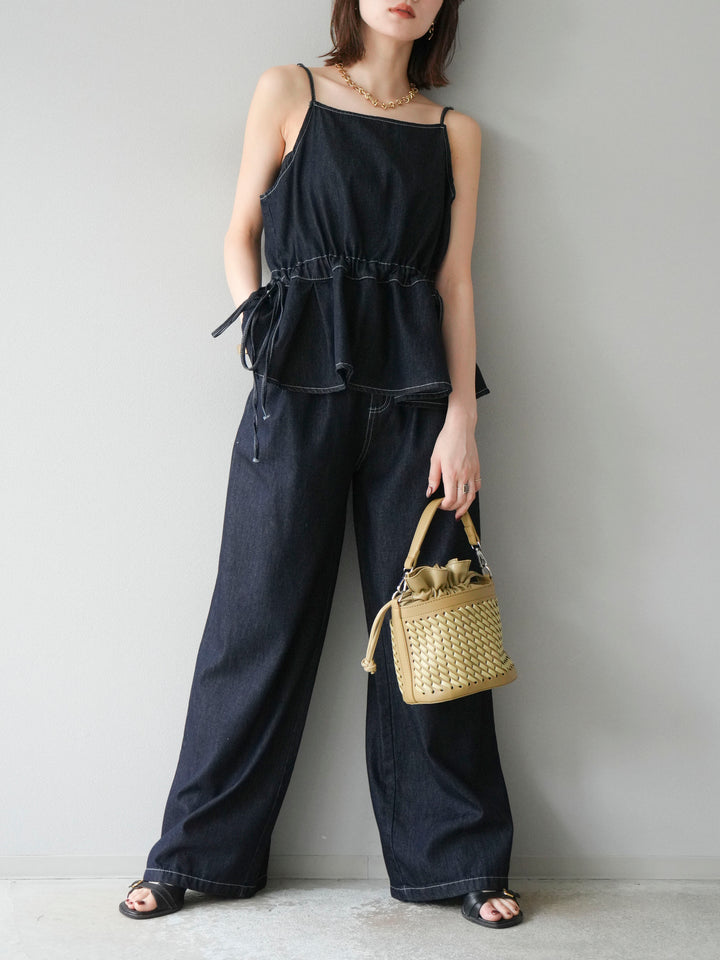 [SET]デニムタックフレアキャミソール＆イージーワイドパンツSET UP +選べるアクセセット(2set)