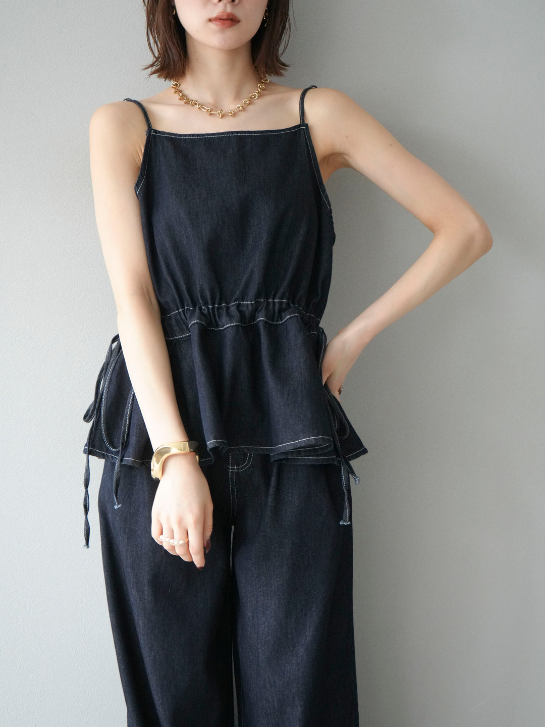 [SET]デニムタックフレアキャミソール＆イージーワイドパンツSET UP +選べるアクセセット(2set)