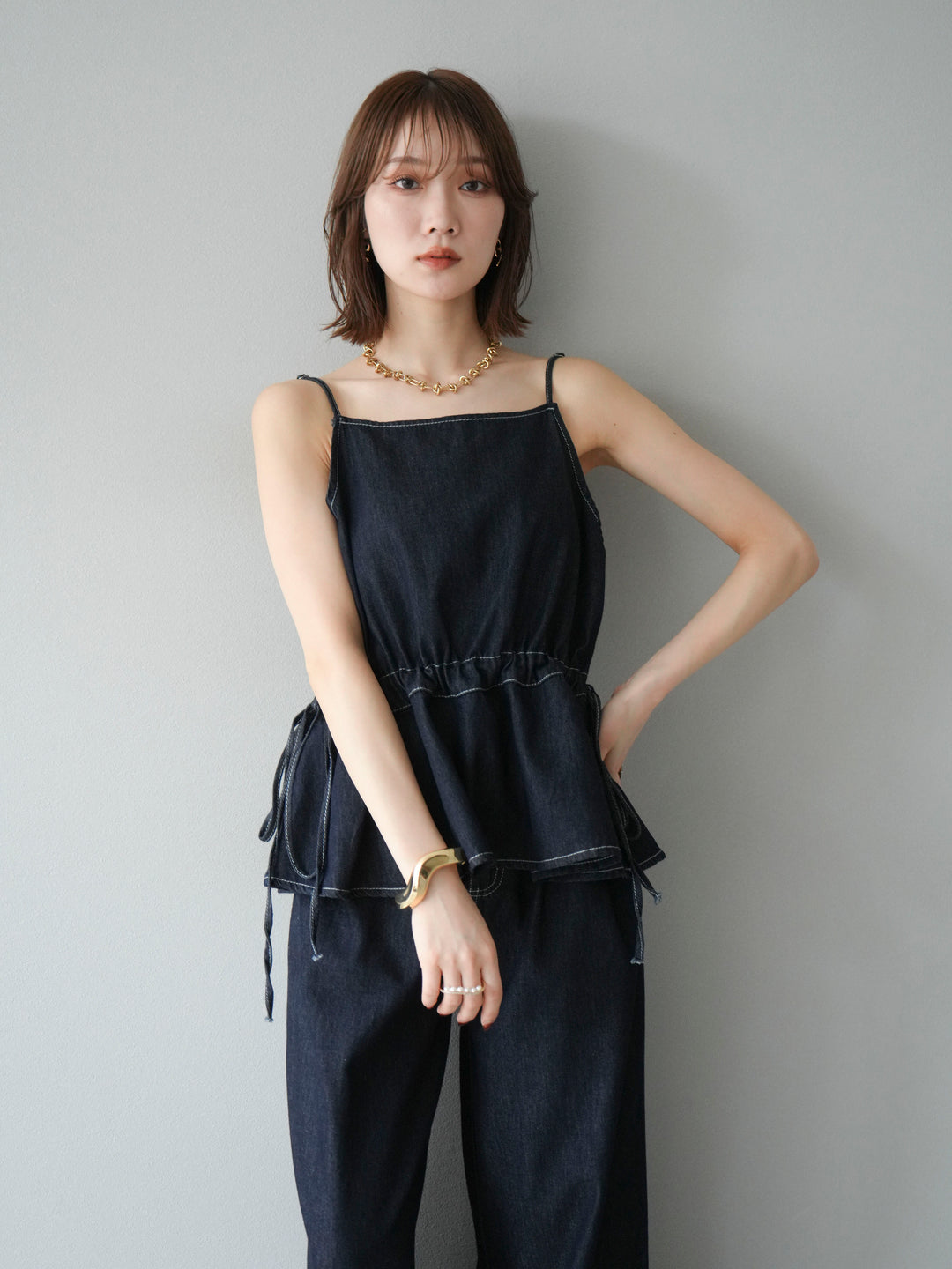 [SET]デニムタックフレアキャミソール＆イージーワイドパンツSET UP +選べるアクセセット(2set)
