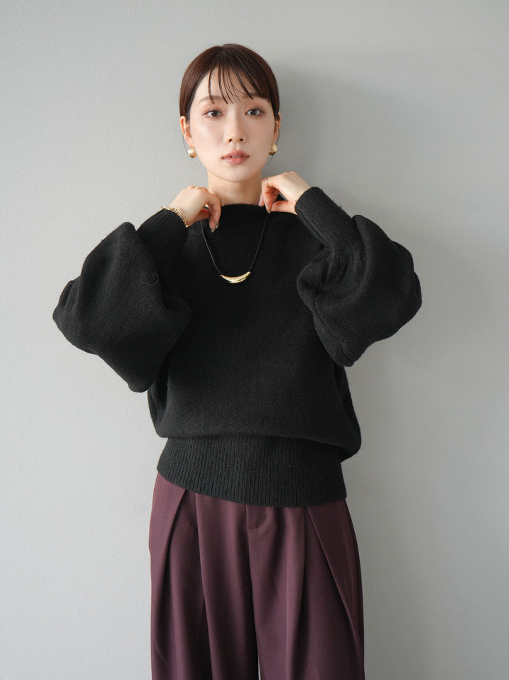 [預訂] 寬袖小領針織套頭衫/黑色