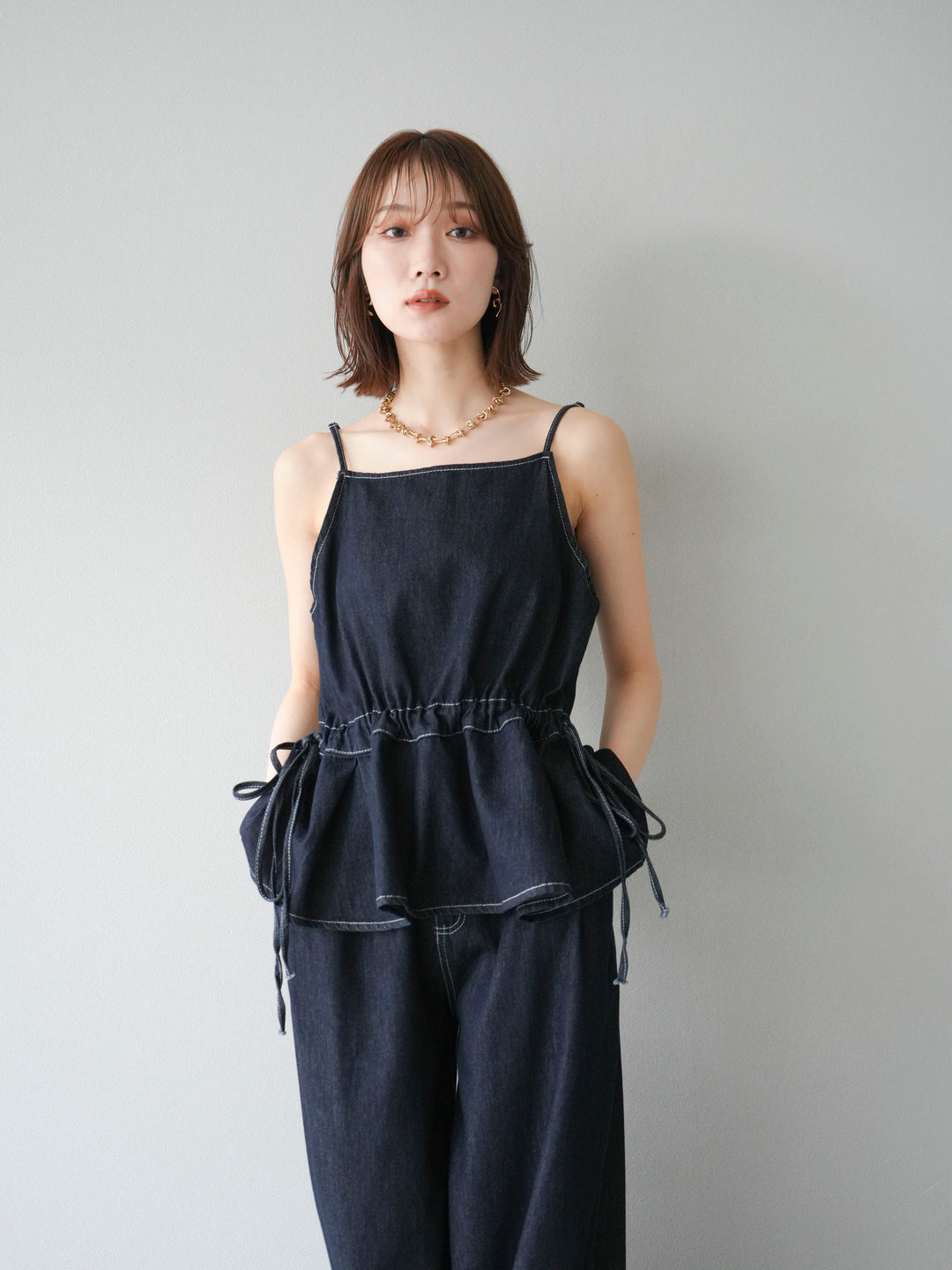 [SET]デニムタックフレアキャミソール＆イージーワイドパンツSET UP +選べるアクセセット(2set)