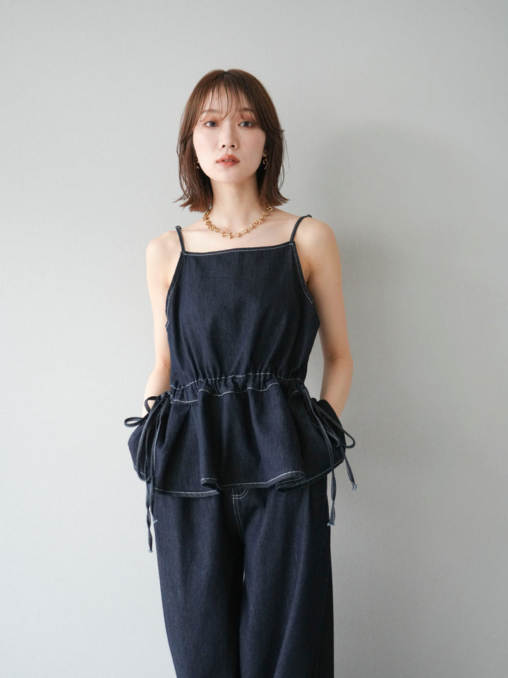 [SET]デニムタックフレアキャミソール＆イージーワイドパンツSET UP +選べるアクセセット(2set)