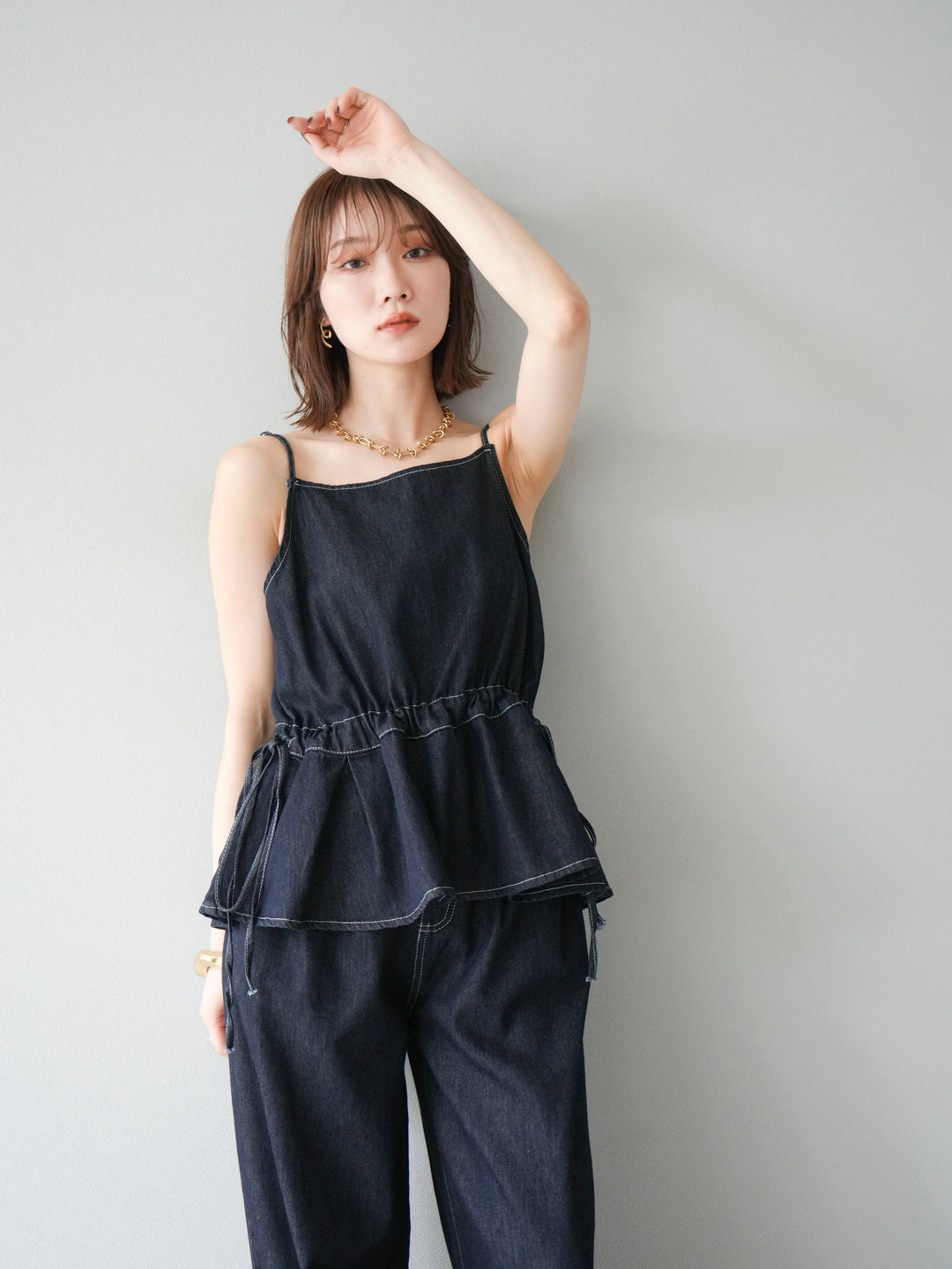 [SET]デニムタックフレアキャミソール＆イージーワイドパンツSET UP +選べるアクセセット(2set)