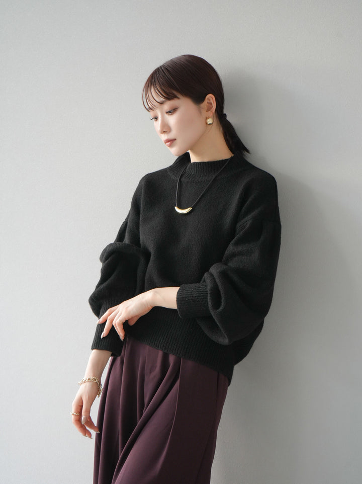 [預訂] 寬袖小領針織套頭衫/黑色