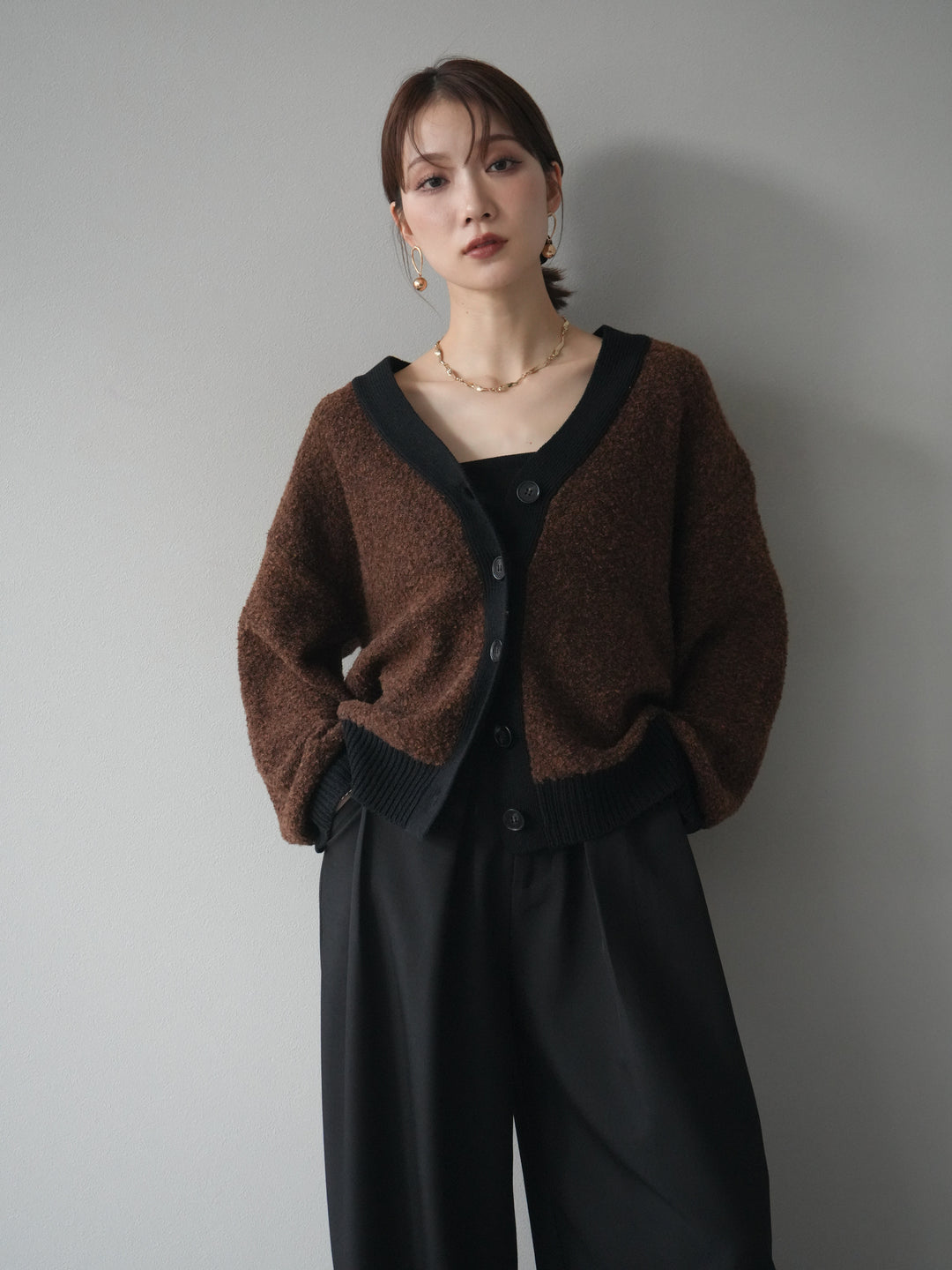 [予約]ブークレバイカラーニットカーディガン/brown