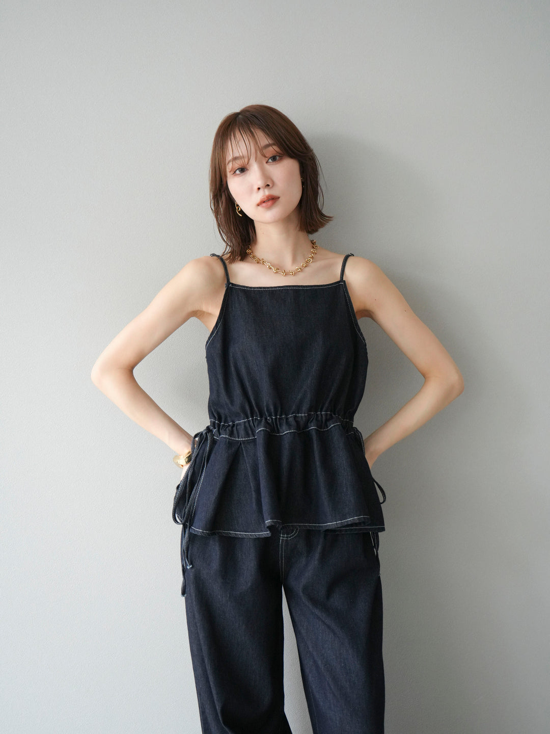 [SET]デニムタックフレアキャミソール＆イージーワイドパンツSET UP +選べるアクセセット(2set)