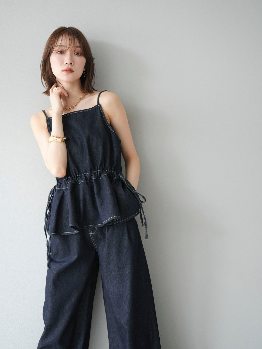[SET]デニムタックフレアキャミソール＆イージーワイドパンツSET UP +選べるアクセセット(2set)