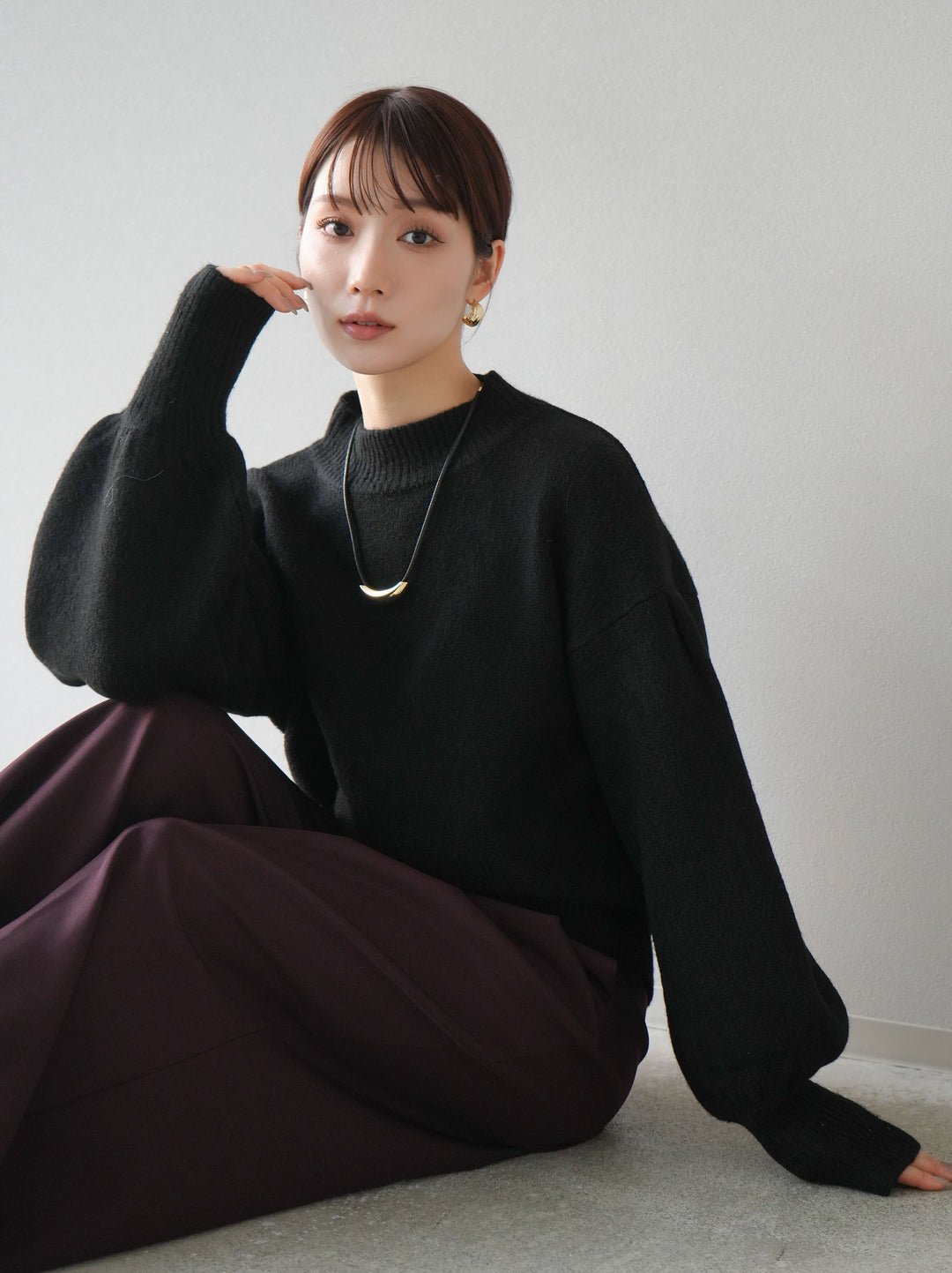 [預訂] 寬袖小領針織套頭衫/黑色