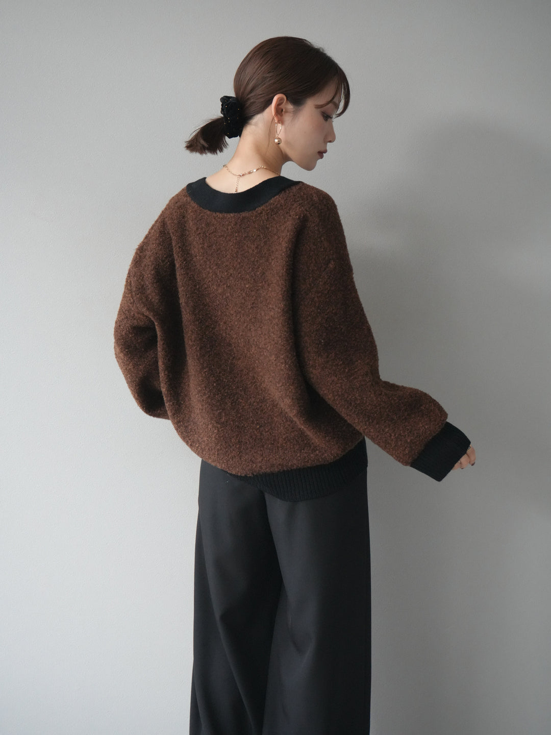 [予約]ブークレバイカラーニットカーディガン/brown