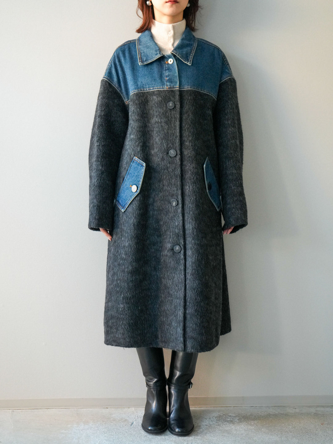 [予約]デニム切替シャギーステンカラーコート/charcoal
