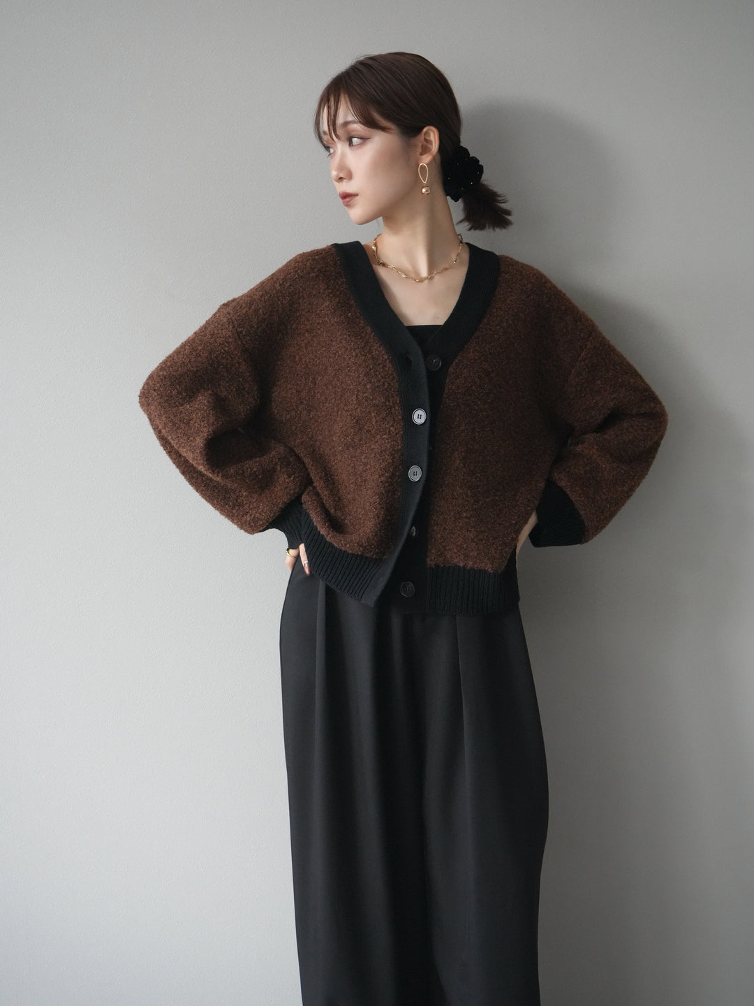 [予約]ブークレバイカラーニットカーディガン/brown