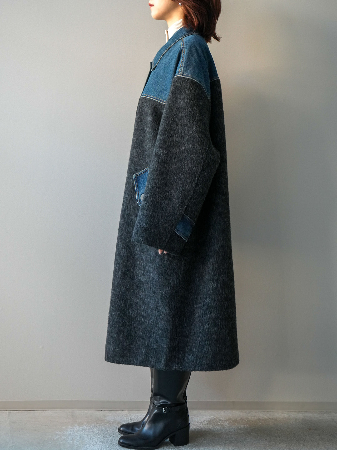 [予約]デニム切替シャギーステンカラーコート/charcoal