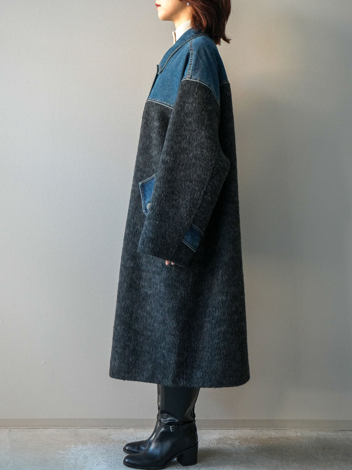 [予約]デニム切替シャギーステンカラーコート/charcoal