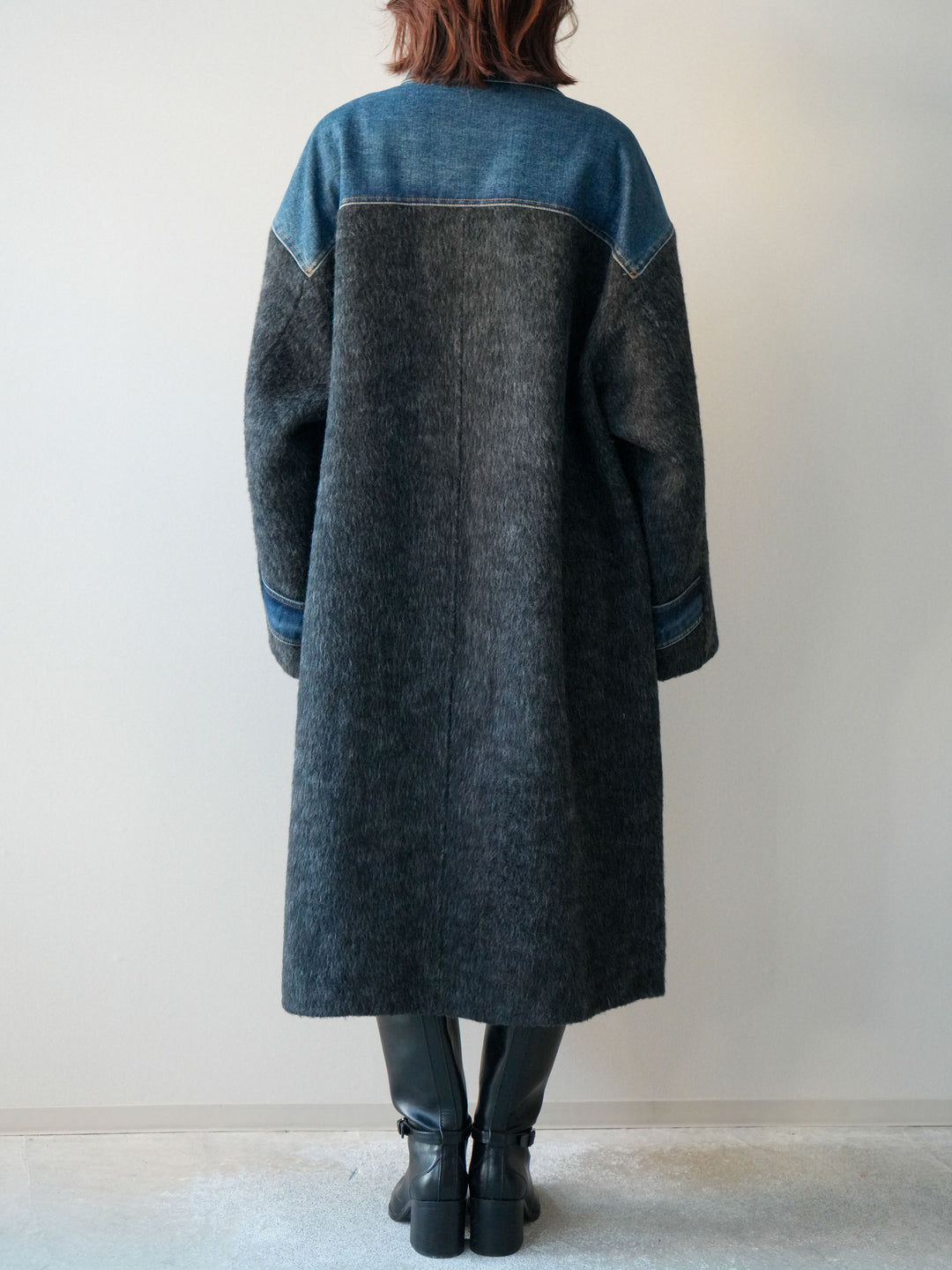 [予約]デニム切替シャギーステンカラーコート/charcoal