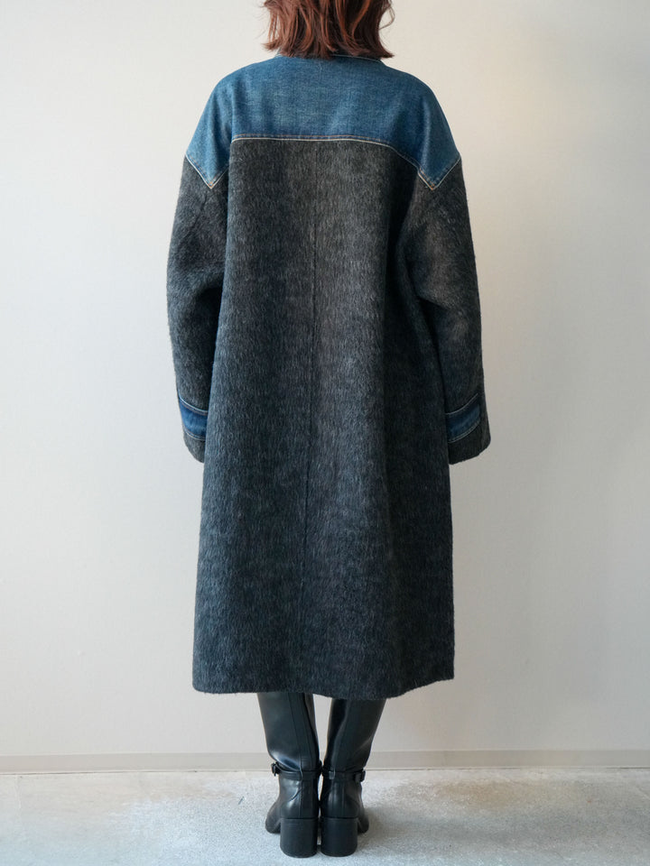 [予約]デニム切替シャギーステンカラーコート/charcoal